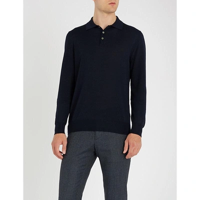 Shop Canali Long-sleeved Knitted Polo In Navy