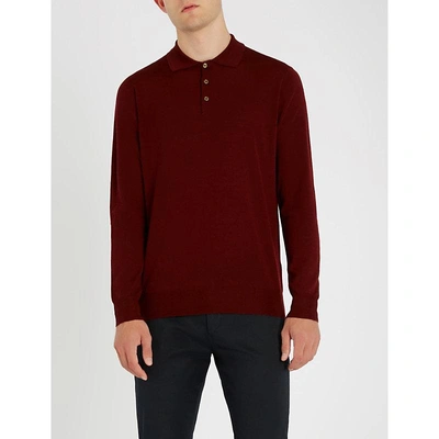 Shop Canali Long-sleeved Knitted Polo In Burgundy