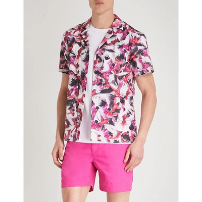 Shop Orlebar Brown Travis Tailored-fit Bird-print Cotton And Linen-blend Shirt In Pink