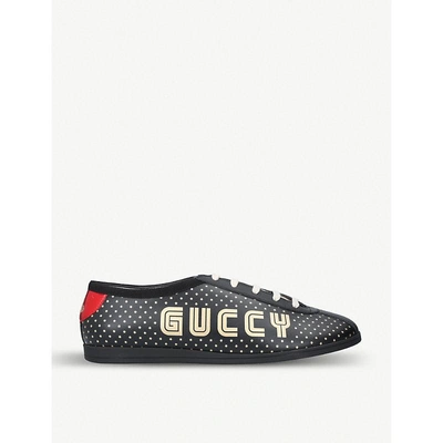 Shop Gucci Falacer Guccy-print Leather Trainers In Black