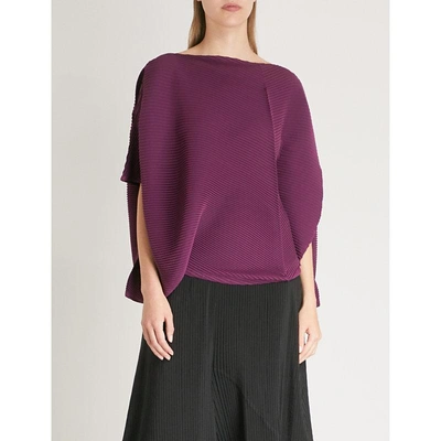 Shop Issey Miyake Ladies Bordeaux Asymmetric Pleated Top