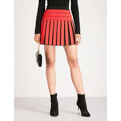 Shop Balmain Pleated Stretch-crepe Skirt In Rouge/noir