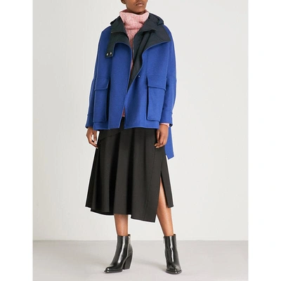 Shop Sportmax Carso Asymmetric-hem Hooded Wool-blend Coat In Blue