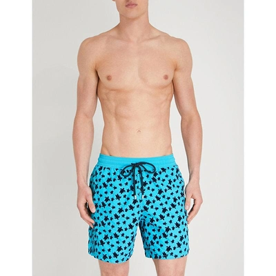 Shop Vilebrequin Flocked Turtle-pattern Swim Shorts In Turquoise