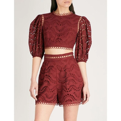 Shop Zimmermann Jaya Wave Scalloped Cotton Top In Merlot