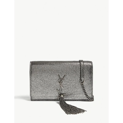 Shop Saint Laurent Kate Metallic Leather Wallet-on-chain In Dark Platine