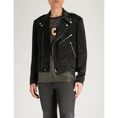 Shop Gucci Floral-embroidered Satin Biker Jacket In Black