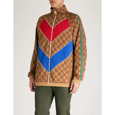 Shop Gucci Gg-pattern Jersey Jacket In Camel Brown