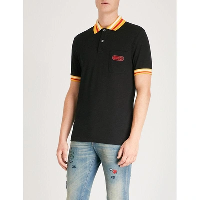Shop Gucci Logo-print Cotton-piqué Polo Shirt In Black