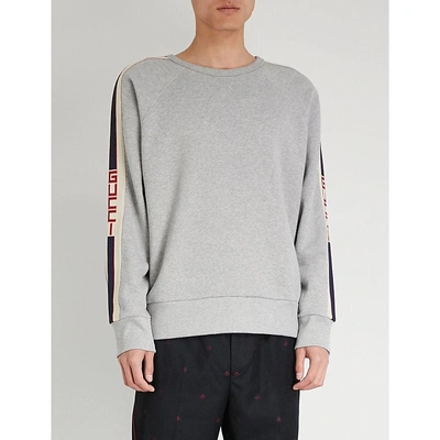 Shop Gucci Logo Side-stripe Cotton-jersey Sweatshirt In Grey