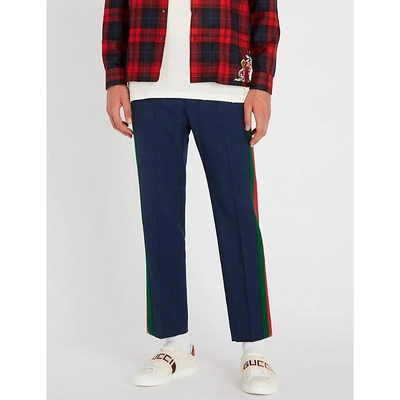 Shop Gucci Side-stripe Wool-blend Jogging Bottoms In Navy Red Green