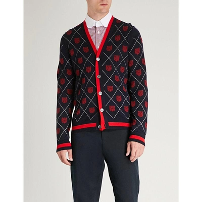 Shop Gucci Tiger-intarsia Wool Cardigan In Blue