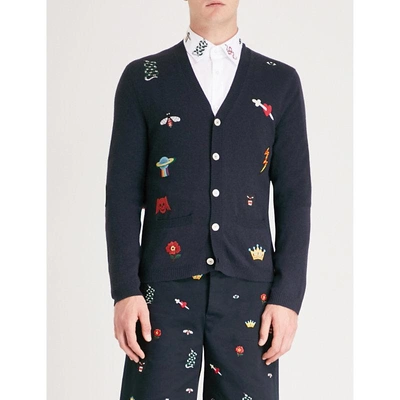 Shop Gucci Symbol-embroidered Wool Cardigan In Navy Blue