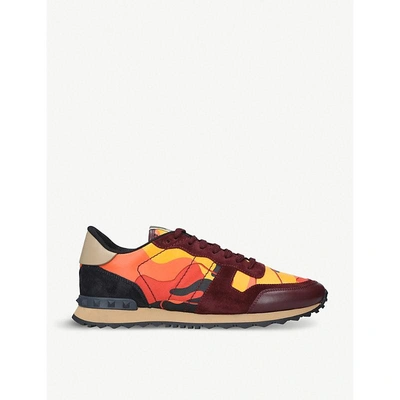 Shop Valentino Rockrunner Camo-print Leather And Suede Trainers In Orange