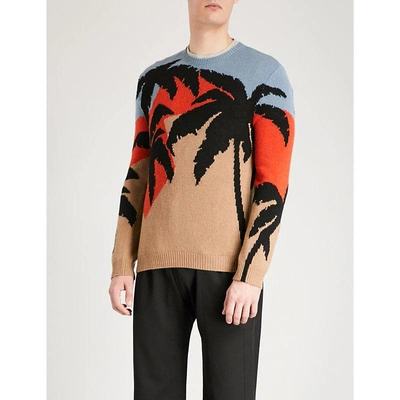 Shop Valentino Palm Tree Intarsia Wool And Cashmere-blend Jumper In Camel