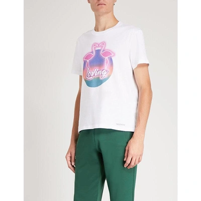 Shop Valentino Loving-print Cotton-jersey T-shirt In Bianco