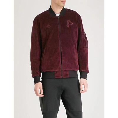 Shop Adidas Originals Paul Pogba Reversible Velvet Bomber Jacket In Burgundy Grey