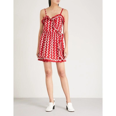 Shop Stella Mccartney Zigzag-print Tie-waist Mini Dress In Lover Red