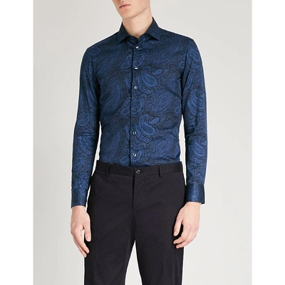 Shop Etro Paisley-print Tailored-fit Cotton-poplin Shirt In Navy
