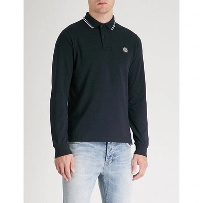 Shop Stone Island Logo-embroidered Slim-fit Cotton-piqué Shirt In Navy
