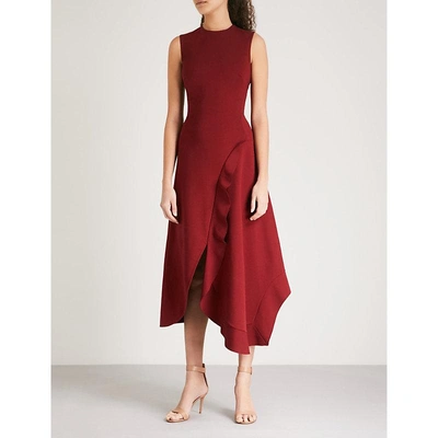 Shop Victoria Beckham Asymmetric Ruffle-detail Woven Dress In Bordeaux