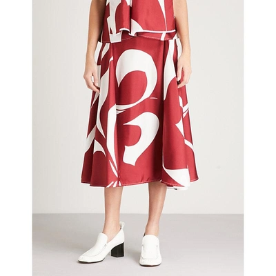 Shop Victoria Beckham Abstract-print Draped Silk-twill Skirt In Bordeaux Off White