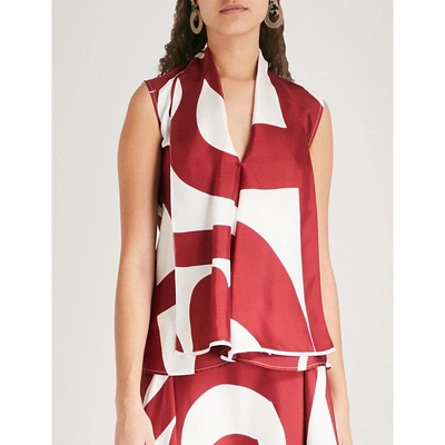 Shop Victoria Beckham Ladies Bordeaux And Off White Abstract-print Draped Silk-twill Blouse In Bordeaux Off White