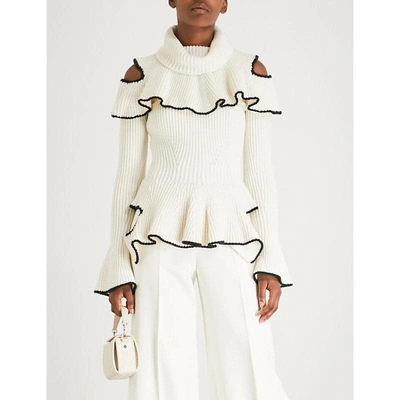 Shop Alexander Mcqueen Cutout Ruffled Wool And Cashmere-blend Jumper In Ivory/black