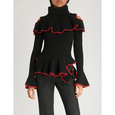 Shop Alexander Mcqueen Cutout Ruffled Wool And Cashmere-blend Jumper In Black/red