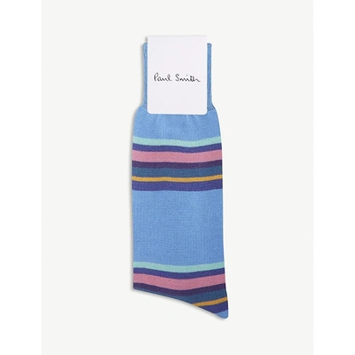 Shop Paul Smith Block-stripe Cotton-blend Socks In Baby Blue