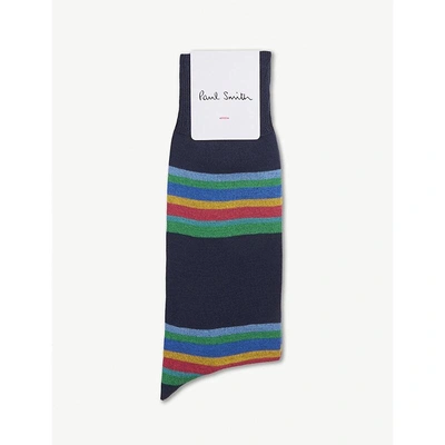 Shop Paul Smith Block-stripe Cotton-blend Socks In Navy Multi