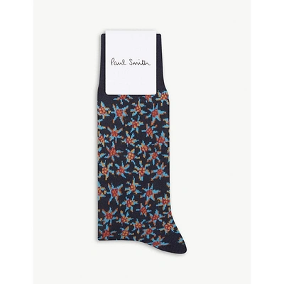 Shop Paul Smith Torn Floral Cotton-blend Socks In Navy