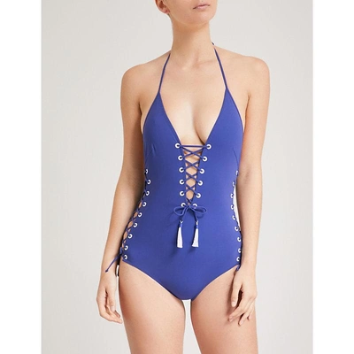 Shop Emma Pake Ladies Blue Retro Carlotta Halterneck Swimsuit In Nautical