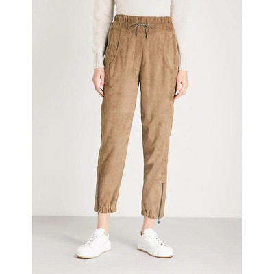 Shop Brunello Cucinelli Tapered Cropped Mid-rise Suede Jogging Bottoms In Dark Brown