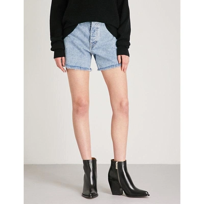 Shop Helmut Lang Faded High-rise Denim Shorts In Speckled Marble