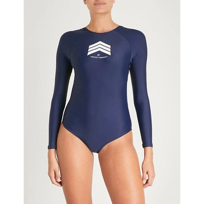 Shop Perfect Moment Ladies Navy And Red Rainbow Chevron Long-sleeved Swimsuit In Navy/red Rainbow