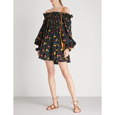 Shop Caroline Constas Kora Floral-print Off-the-shoulder Cotton-poplin Dress In Black