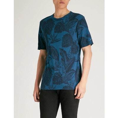 Shop Tommy Hilfiger Leaves-print Cotton-jersey T-shirt In Blue Opal