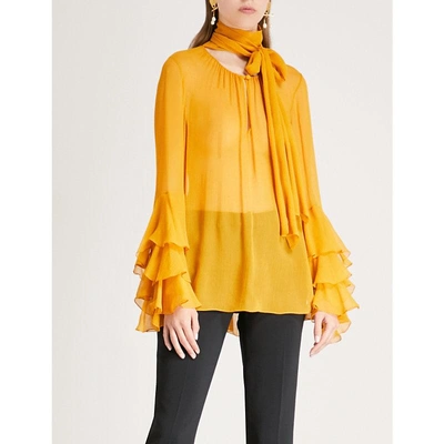 Shop Prabal Gurung Neck-tie Draped Silk-chiffon Top In Ochre