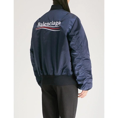 Shop Balenciaga Ladies Blue Logo-embroidered Shell Bomber Jacket In Navy