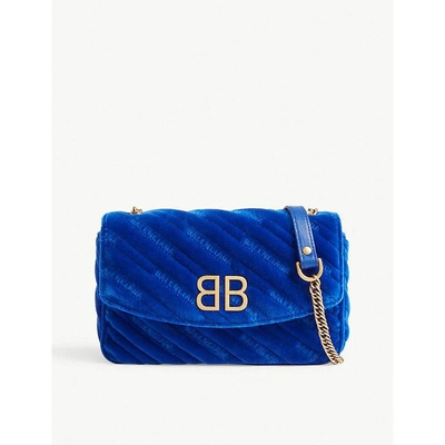 Shop Balenciaga Ladies Bright Blue Striped Bb Round Velvet Shoulder Bag