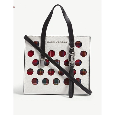 Shop Marc Jacobs White Tartan Check Grind Mini Perforated Leather Tote Bag In Porcelain Multi