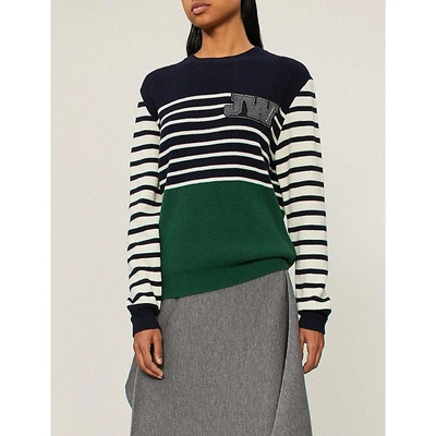 Shop Jw Anderson Logo-embroidered Striped Wool Jumper In Emerald