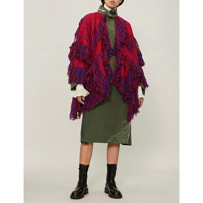 Shop Sacai Floral-pattern Fringed Wool Jacket In Red/blue