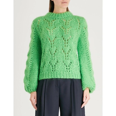 Shop Ganni Julliard Cable-knit Mohair And Wool-blend Jumper In Classic Green