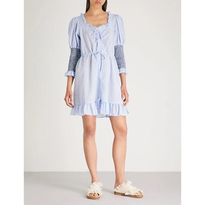 Ganni Charron Embroidered Seersucker Mini Dress In Serenity Blue | ModeSens