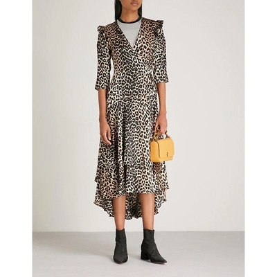 Shop Ganni Calla Leopard-print Stretch-silk Wrap Dress