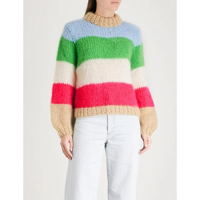 Shop Ganni Julliard Striped Mohair And Wool-blend Jumper In Block Colour