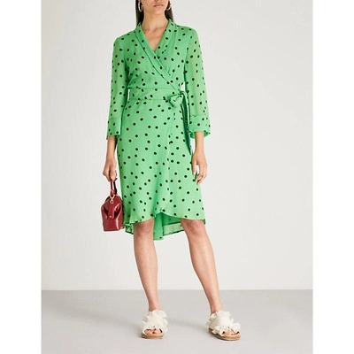 Shop Ganni Dainty Polka Dot Crepe Wrap Dress In Classic Green