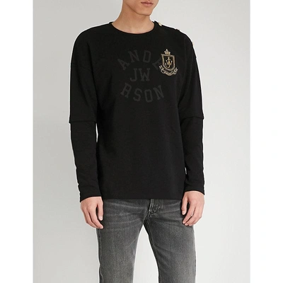 Shop Jw Anderson Logo Crest-embroidered Cotton-jersey Top In Black